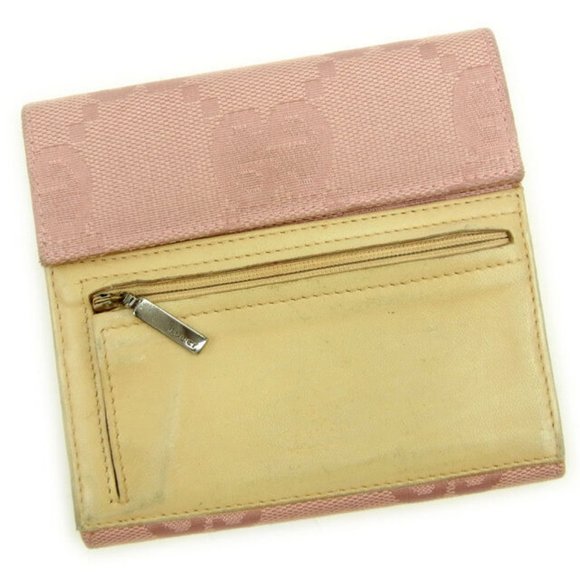 Gucci Wallet Purse Trifold G logos Pink Beige Woman Authentic Used